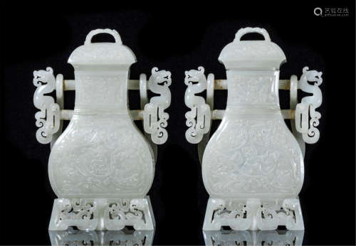 PAIR OF CHINESE WHITE JADE DRAGON HANDLE LIDDED SQUARE VASE