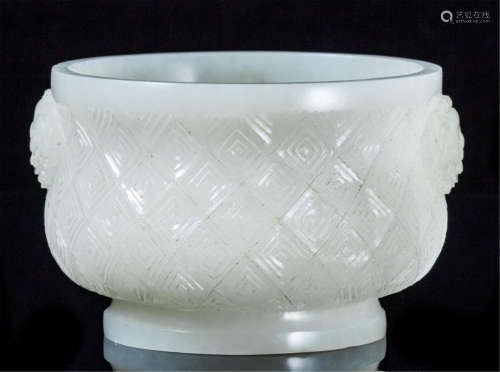 CHINESE WHITE JADE LION HEAD HANDLE ROUND CENSER