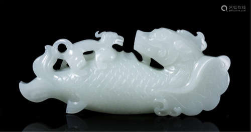 CHINESE WHITE JADE FISH DRAGON TABLE ITEM