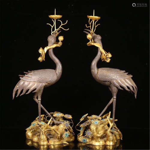 PAIR OF GILT SILVER CRANE CANDLE HOLDER ON GILT SILVER STAND