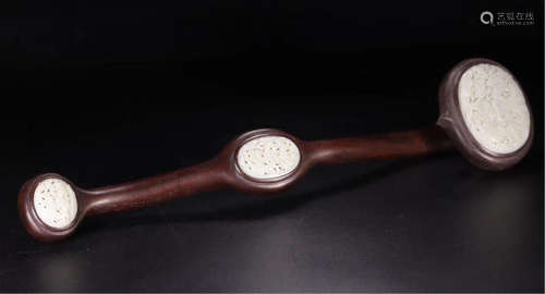 CHINESE WHITE JADE PLAQUE INLAID HARDWOOD ZITAN RUYI SCEPTER