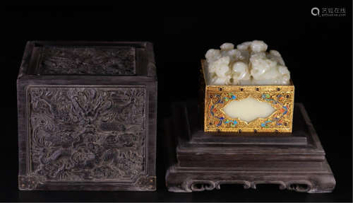 CHINESE GILT SILVER ENAMEL DECOR GREY JADE DRAGON SEAL IN ROSEWOOD CASE