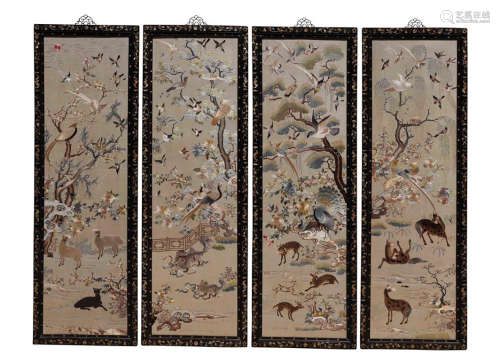 FOUR PANELS OF CHINESE YUE EMBROIDERY OF ANIMALS IN WOOD