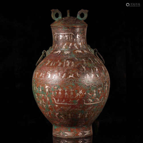 CHINESE SILVER INLAID BRONZE FIGURE AND STORY LIDDED VASE