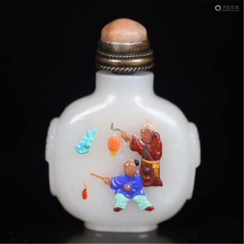 CHINESE GEM STONE INLAID BOY PLAYING SNUFF BOTTLE