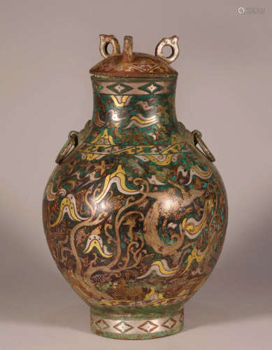 CHINESE SILVER GOLD INLAID BRONZE LIDDED JAR