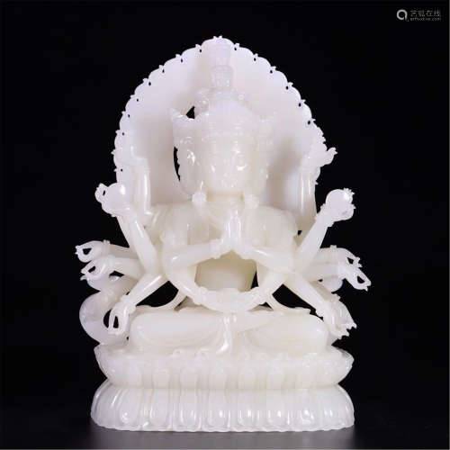 CHINESE WHITE JADE SEATED THOUSAND ARM GUANYIN