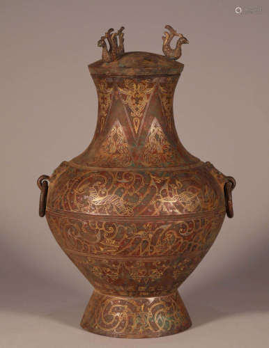 CHINESE SILVER GOLD INLAID BRONZE LIDDED JAR