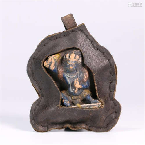 TIBETAN COLOR PAINTED POTTERY BUDDHA IN FEATHER CAGE