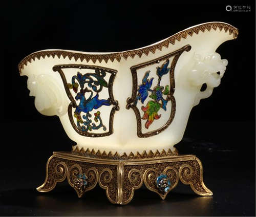 CHINESE GILT SILVER ENAMEL DECOR WHITE JADE JUE CUP ON STAND