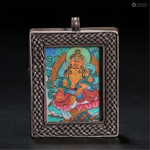 TIBETAN SILVER MOUNTED COLOR PAINTED BUDDHA PLAQUE