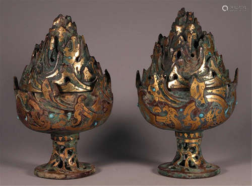 PAIR OF CHINESE TURQUOISE GOLD INLAID BRONZE BOSHAN CENSER