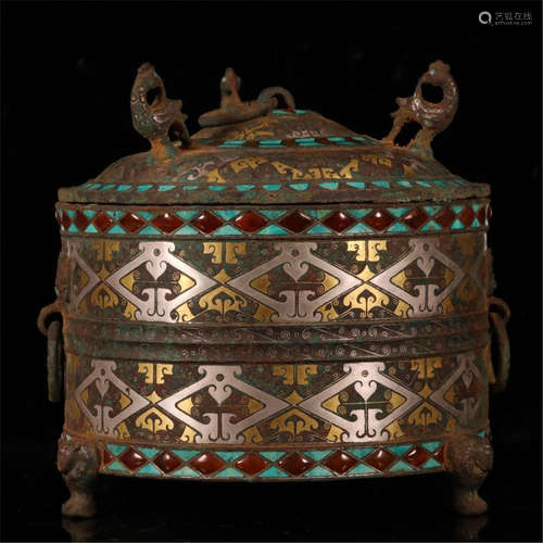 CHINESE TURQUOISE SILVER GOLD INLAID BRONZE LIDDED CENSER