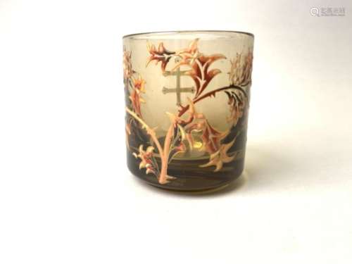 Emile GALLE (1946-1904). Petit vase cylindrique en cristal fumé décor patriotique [...]