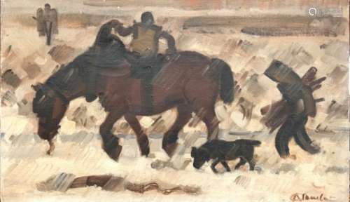 André CLAUDOT (1892-1882). Le travail des champs sous la pluie. Huile sur toile, [...]