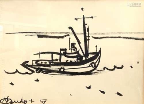André CLAUDOT (1892-1982). Le bateau de la douane à Cassis. 1957. Encre, signée et [...]