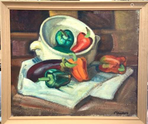 Ecole de André CLAUDOT (1892 -1982). Nature morte aux poivrons. Huile sur toile, [...]