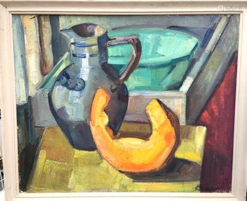 Ecole d'André CLAUDOT (1892 - 1982). Nature morte au potiron. Huile sur toile, [...]