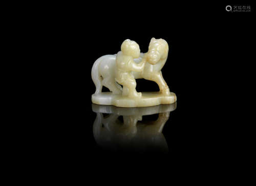 Qing Dynasty A pale celadon jade carving of a horse and groom