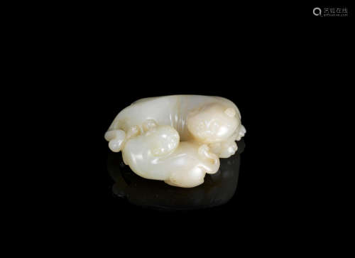 18th century A pale green jade 'cat and kitten' group