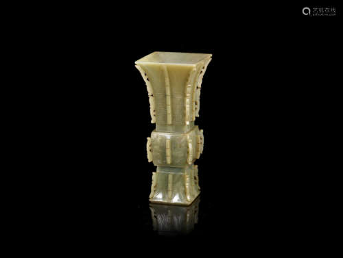 Qing Dynasty A green jade archaistic square beaker vase, fanggu