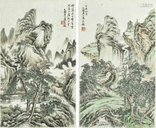 張石園 山水雙幅 紙本鏡框