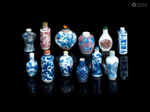 19th/20th century A group of eleven various blue and white and underglaze blue and red porcelain snuff bottles