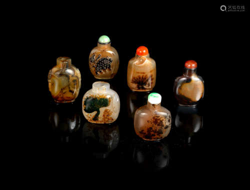19th century A group of six agate snuff bottles