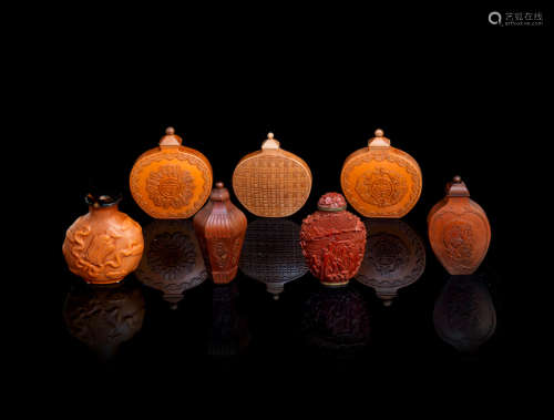 20th century A group of seven bamboo veneer, moulded gourd and carved lacquer snuff bottles