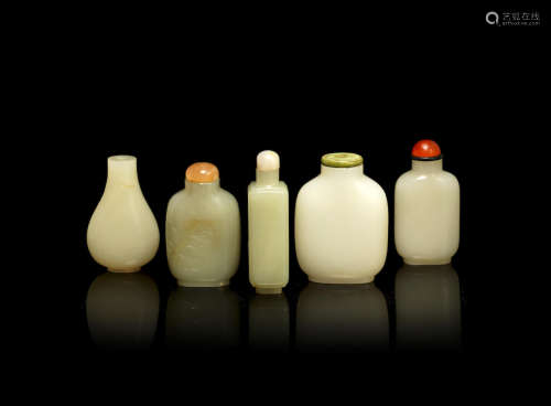 Qing Dynasty A group of five pale jade snuff bottles