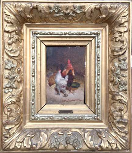 Philibert Léon COUTURIER (1823-1901). Coq et poules. Huile sur panneau. Signée en [...]