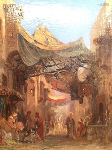 Ecole orientaliste du XIXe siècle. Vue animé d'un souk. Huile sur panneau. 26 x 21 [...]