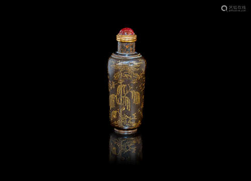 Incised Qianlong four-character mark, Qing Dynasty A gold-inlaid oxidised copper snuff bottle