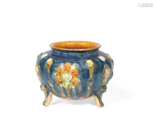 Tang Dynasty A blue and sancai-glazed pottery tripod incense burner