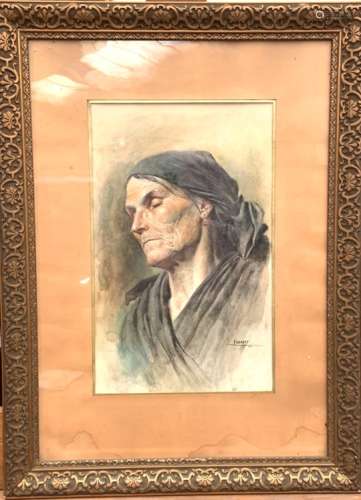 Léon GAMBEY (1883-1914). Portrait de dame au fichu. Aquarelle signée et datée [...]