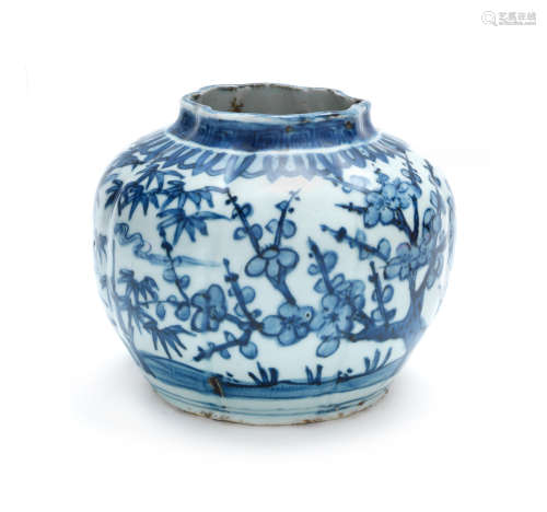 Late Ming Dynasty A small blue and white 'three friends of winter' lobed jar