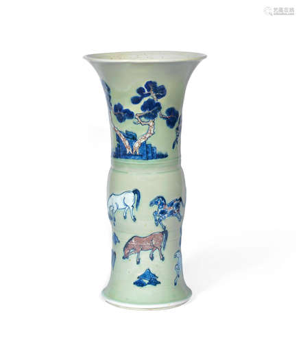 Kangxi A celadon, blue and copper red beaker vase, gu