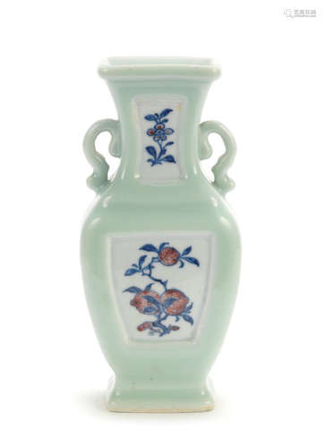 Underglaze blue Qianlong seal mark and of the period A celadon-ground underglaze blue and copper red decorated vase