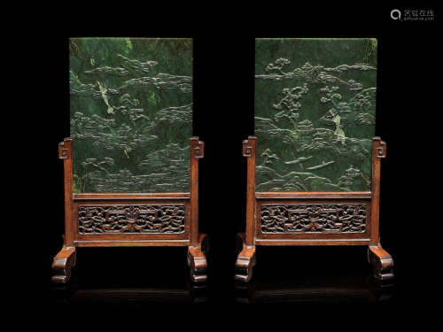 19th century A pair of spinach jade table screens