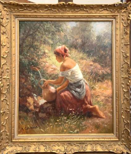 A. GALZENATI. Jeune femme à la source. Toile. 65 x 54 cm. -