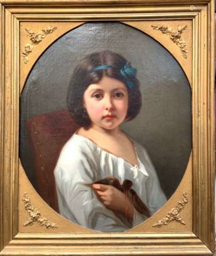 Ecole française du XIXe siècle, Portrait de jeune fille. 56 x 46cm. Cadre vue ovale. -