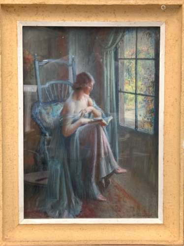 Delphin ENJOLRAS (1857-1945). Femme lisant à la fenêtre. Pastel, signé en bas à [...]