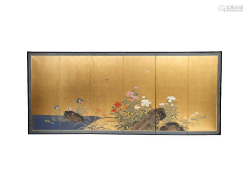 Meiji Period A Japanese six-fold screen
