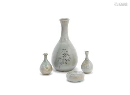 Goryeo Dynasty Three Korean inlaid celadon stoneware vases and a circular box and cover