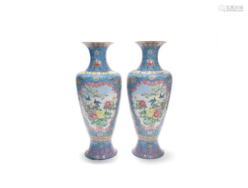 20th century  A very large pair of painted enamel vases