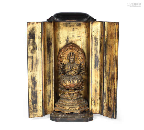 Edo period (1615-1868), early 19th century A gilt-wood figure of Juichimen Kannon (the eleven-headed Kannon) contained in a lacquer portable shrine (zushi)