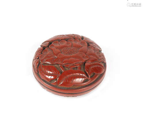 Early Ming Dynasty A carved lacquer 'peony' incense box and cover