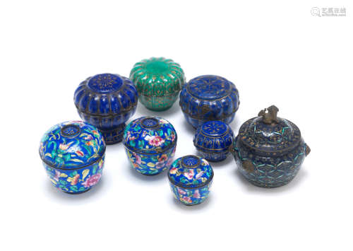 19th century A group of Eight various Canton and Thai market painted enamel boxes and covers