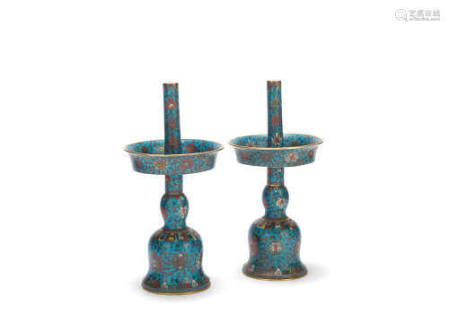 18th/19th century A large pair of cloisonné enamel turquoise-ground candlesticks