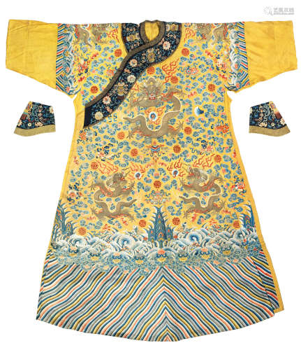 19th century A rare Imperial yellow silk embroidered 'five symbols' unmade robe and trimmings